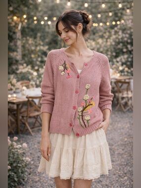 LoveShackFancy Pink Floral Anastasia Cardigan SZ S Knit Embroidered